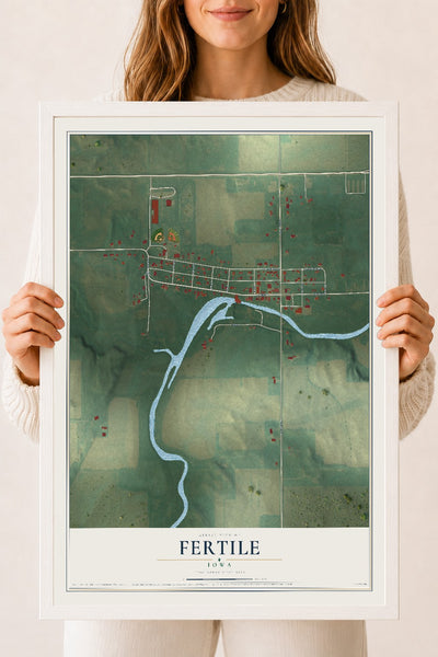 Map of Fertile, Iowa, 18 x 24 inch print in a white wood frame