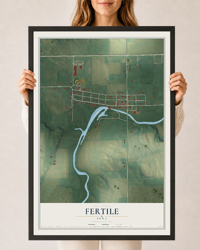 Map of Fertile, Iowa, 24 x 36 inch print in a black wood frame