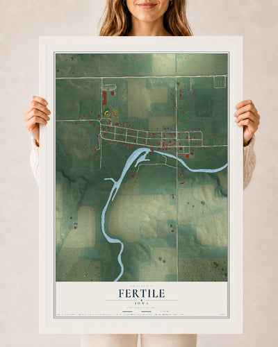 Map of Fertile, Iowa, 24 x 36 inch print in a white wood frame