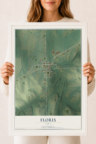Map of Floris, Iowa, 18 x 24 inch print in a white wood frame