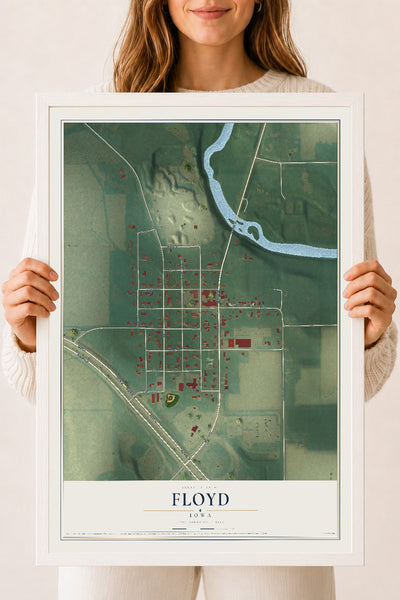 Map of Floyd, Iowa, 18 x 24 inch print in a white wood frame