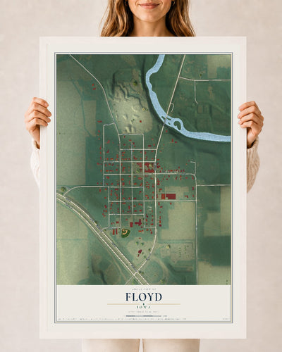 Map of Floyd, Iowa, 24 x 36 inch print in a white wood frame