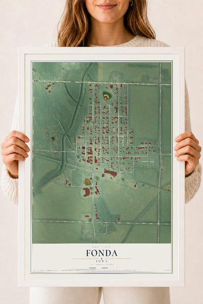 Map of Fonda, Iowa, 18 x 24 inch print in a white wood frame