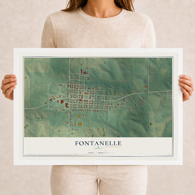 Map of Fontanelle, Iowa, 12 x 18 inch print in a white wood frame
