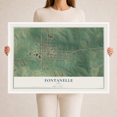 Map of Fontanelle, Iowa, 24 x 36 inch print in a white wood frame
