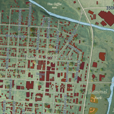 Close-up of the map of Forest City, Iowa print showing street and building detail