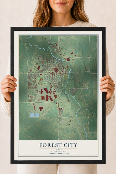 Map of Forest City, Iowa, 18 x 24 inch print in a black wood frame