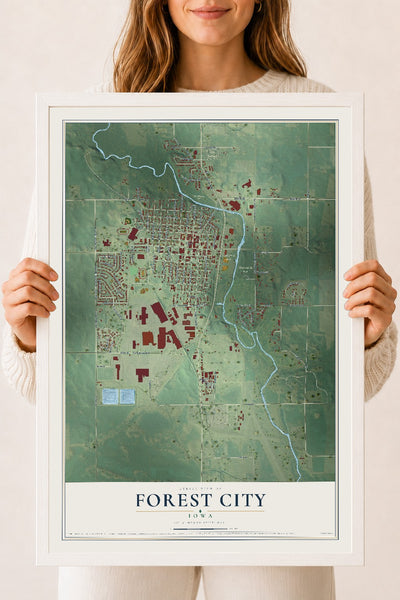 Map of Forest City, Iowa, 18 x 24 inch print in a white wood frame