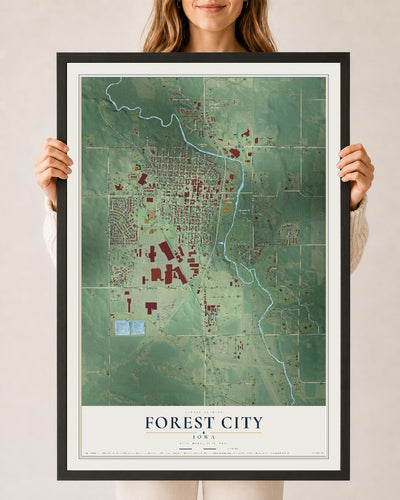Map of Forest City, Iowa, 24 x 36 inch print in a black wood frame