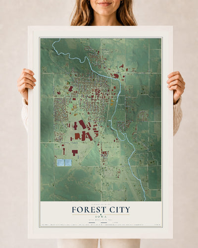 Map of Forest City, Iowa, 24 x 36 inch print in a white wood frame