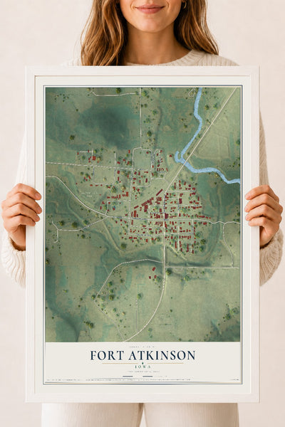 Map of Fort Atkinson, Iowa, 18 x 24 inch print in a white wood frame