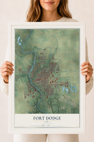 Map of Fort Dodge, Iowa, 18 x 24 inch print in a white wood frame