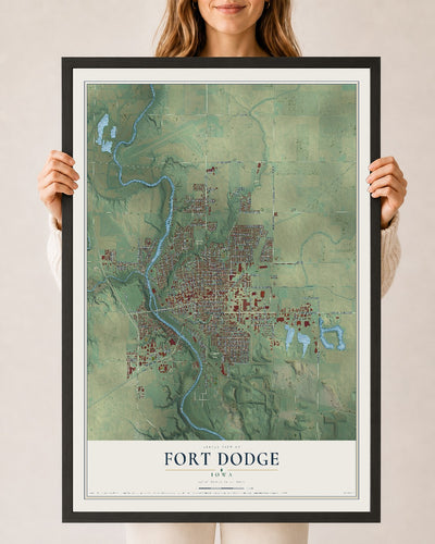 Map of Fort Dodge, Iowa, 24 x 36 inch print in a black wood frame