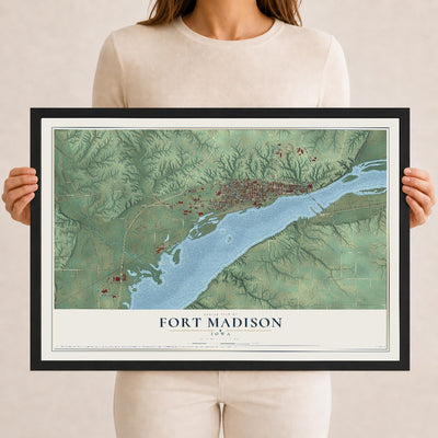Map of Fort Madison, Iowa, 12 x 18 inch print in a black wood frame
