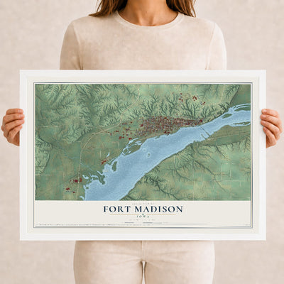 Map of Fort Madison, Iowa, 12 x 18 inch print in a white wood frame