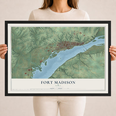 Map of Fort Madison, Iowa, 18 x 24 inch print in a black wood frame