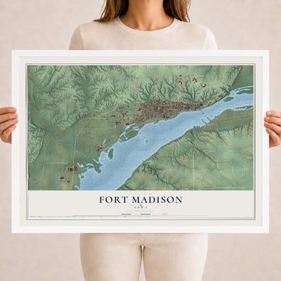 Map of Fort Madison, Iowa, 18 x 24 inch print in a white wood frame