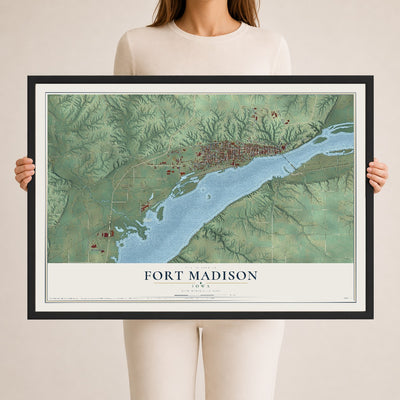 Map of Fort Madison, Iowa, 24 x 36 inch print in a black wood frame