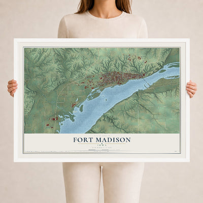 Map of Fort Madison, Iowa, 24 x 36 inch print in a white wood frame