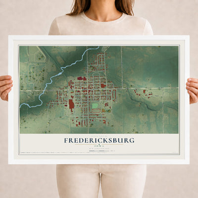 Map of Fredericksburg, Iowa, 18 x 24 inch print in a white wood frame