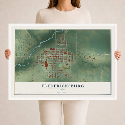Map of Fredericksburg, Iowa, 24 x 36 inch print in a white wood frame