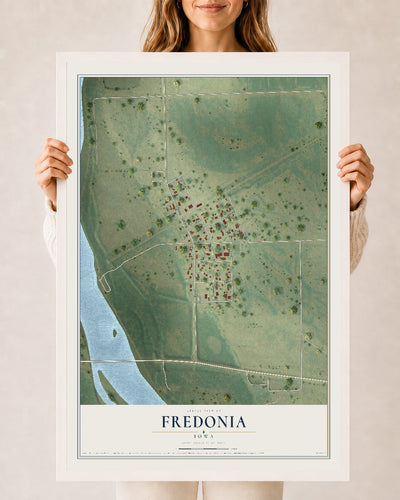 Map of Fredonia, Iowa, 24 x 36 inch print in a white wood frame
