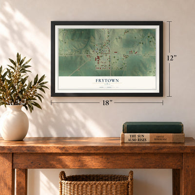 Frytown, Iowa map, 12 x 18 inch print in a black frame in an entryway