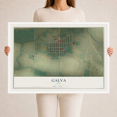Map of Galva, Iowa, 24 x 36 inch print in a white wood frame