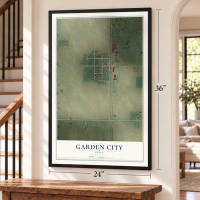 Garden City, Iowa map, 24 x 36 inch print in a black frame by a staircase