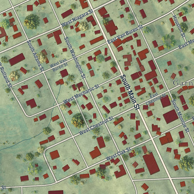 Close-up of the map of Garnavillo, Iowa print showing street and building detail
