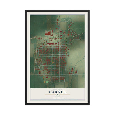 Map of Garner, Iowa, 12 x 18 inch print in a black wood frame