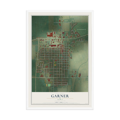Map of Garner, Iowa, 12 x 18 inch print in a white wood frame
