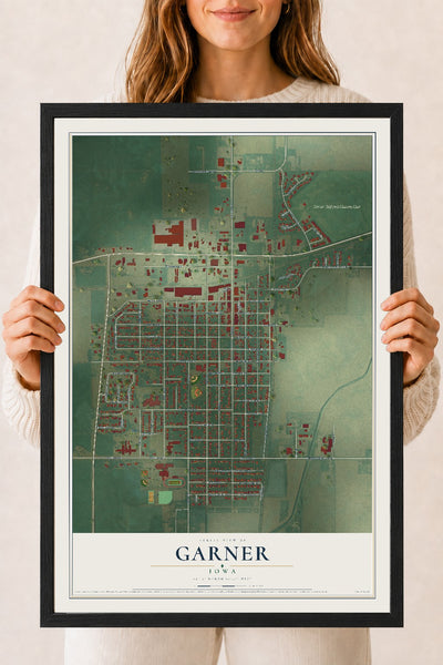 Map of Garner, Iowa, 18 x 24 inch print in a black wood frame