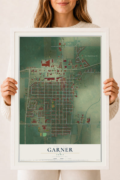 Map of Garner, Iowa, 18 x 24 inch print in a white wood frame