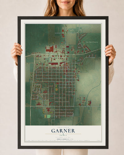 Map of Garner, Iowa, 24 x 36 inch print in a black wood frame