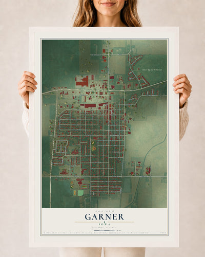 Map of Garner, Iowa, 24 x 36 inch print in a white wood frame