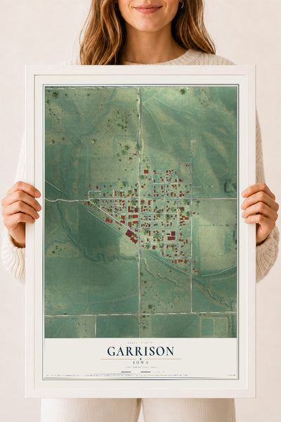 Map of Garrison, Iowa, 18 x 24 inch print in a white wood frame