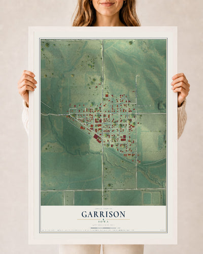 Map of Garrison, Iowa, 24 x 36 inch print in a white wood frame