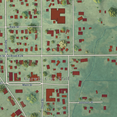 Close-up of the map of Garwin, Iowa print showing street and building detail