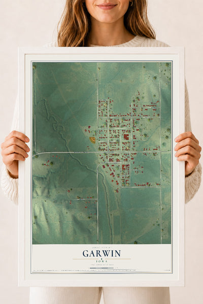 Map of Garwin, Iowa, 18 x 24 inch print in a white wood frame