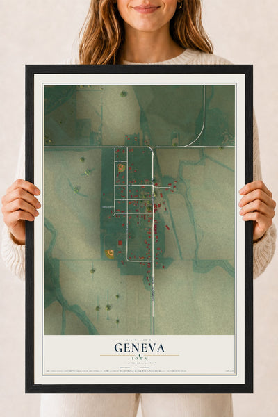 Map of Geneva, Iowa, 18 x 24 inch print in a black wood frame