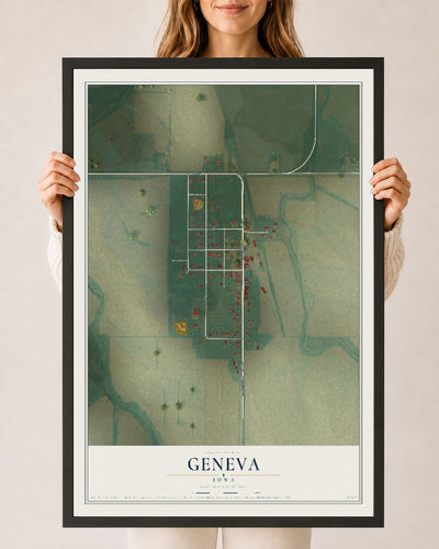 Map of Geneva, Iowa, 24 x 36 inch print in a black wood frame