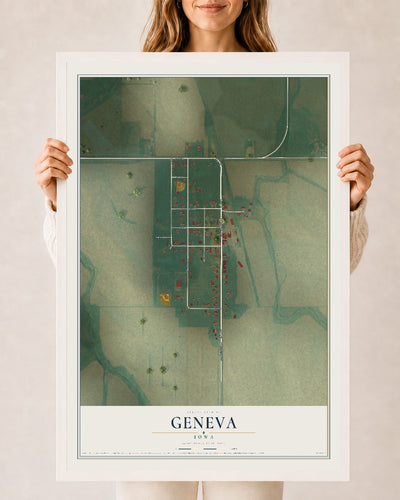 Map of Geneva, Iowa, 24 x 36 inch print in a white wood frame