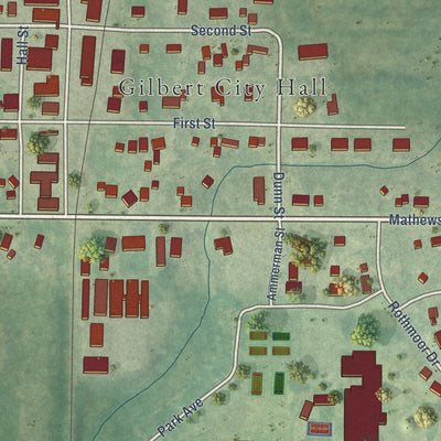 Close-up of the map of Gilbert, Iowa print showing street and building detail