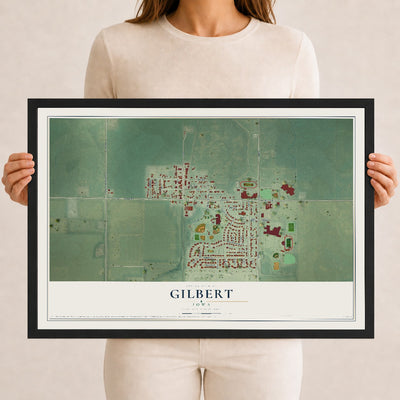 Map of Gilbert, Iowa, 12 x 18 inch print in a black wood frame