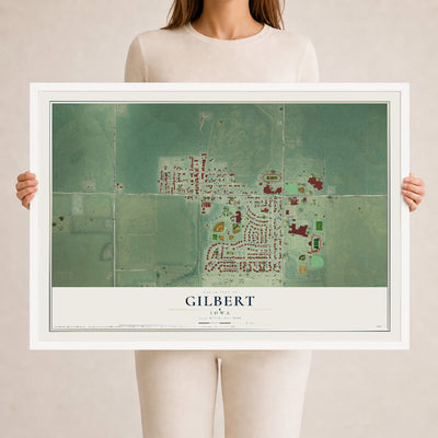 Map of Gilbert, Iowa, 24 x 36 inch print in a white wood frame