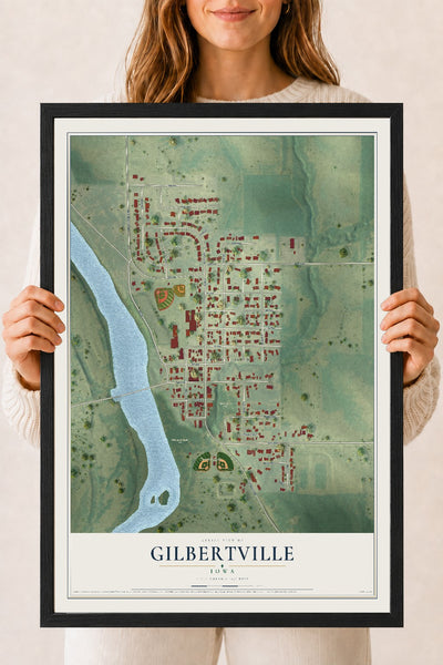 Map of Gilbertville, Iowa, 18 x 24 inch print in a black wood frame