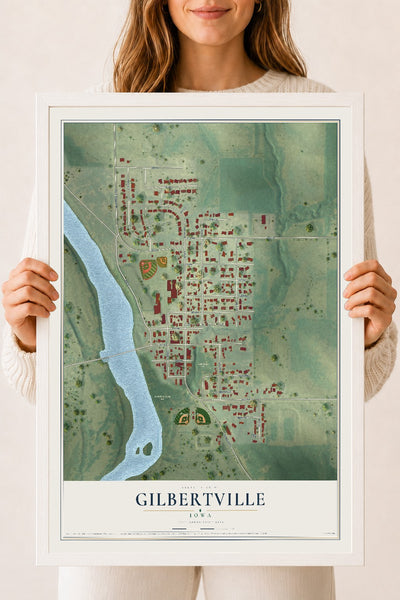 Map of Gilbertville, Iowa, 18 x 24 inch print in a white wood frame