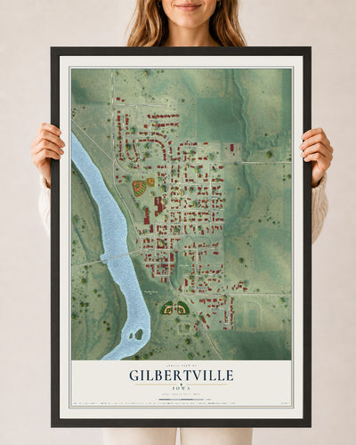Map of Gilbertville, Iowa, 24 x 36 inch print in a black wood frame