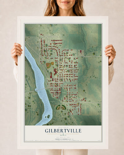 Map of Gilbertville, Iowa, 24 x 36 inch print in a white wood frame